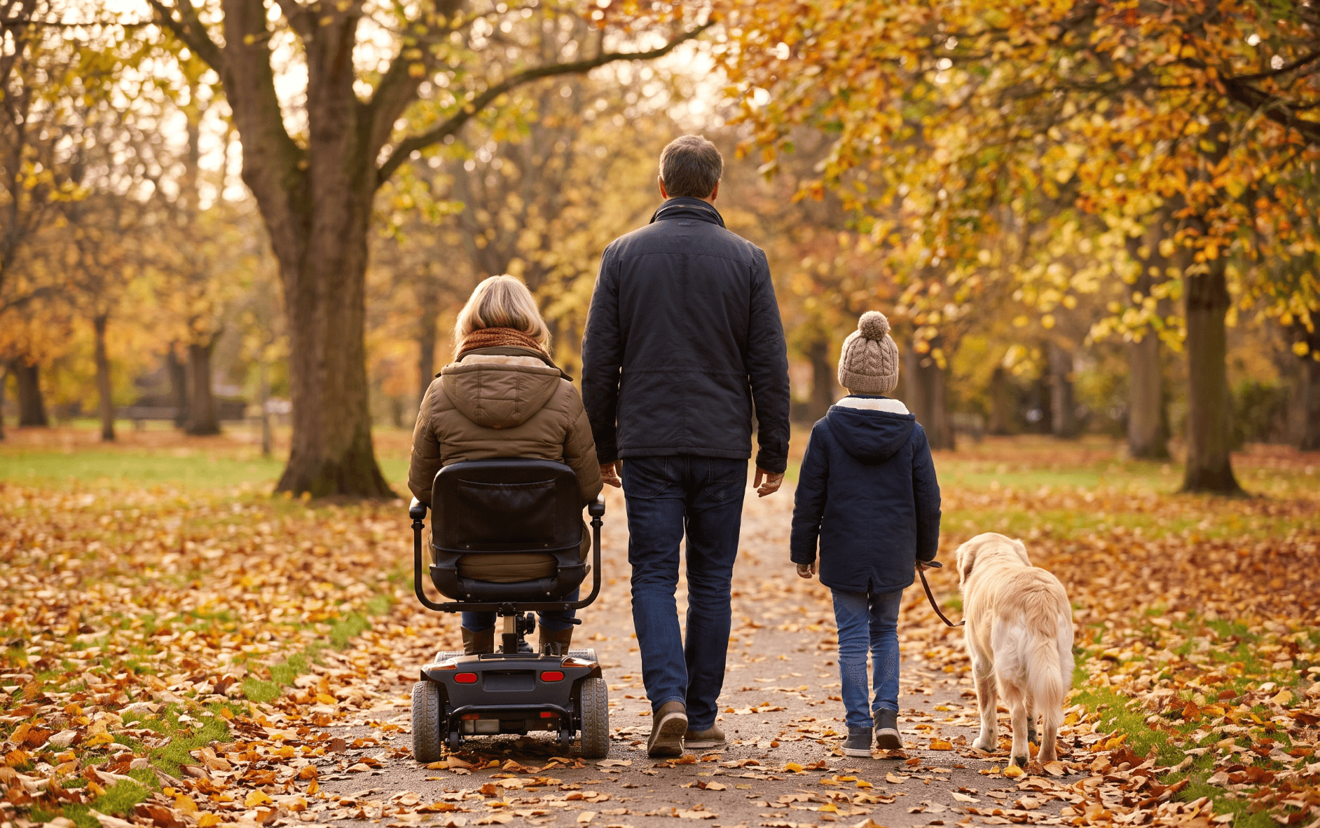 A family walking and wheeling along an autumn path with their dog